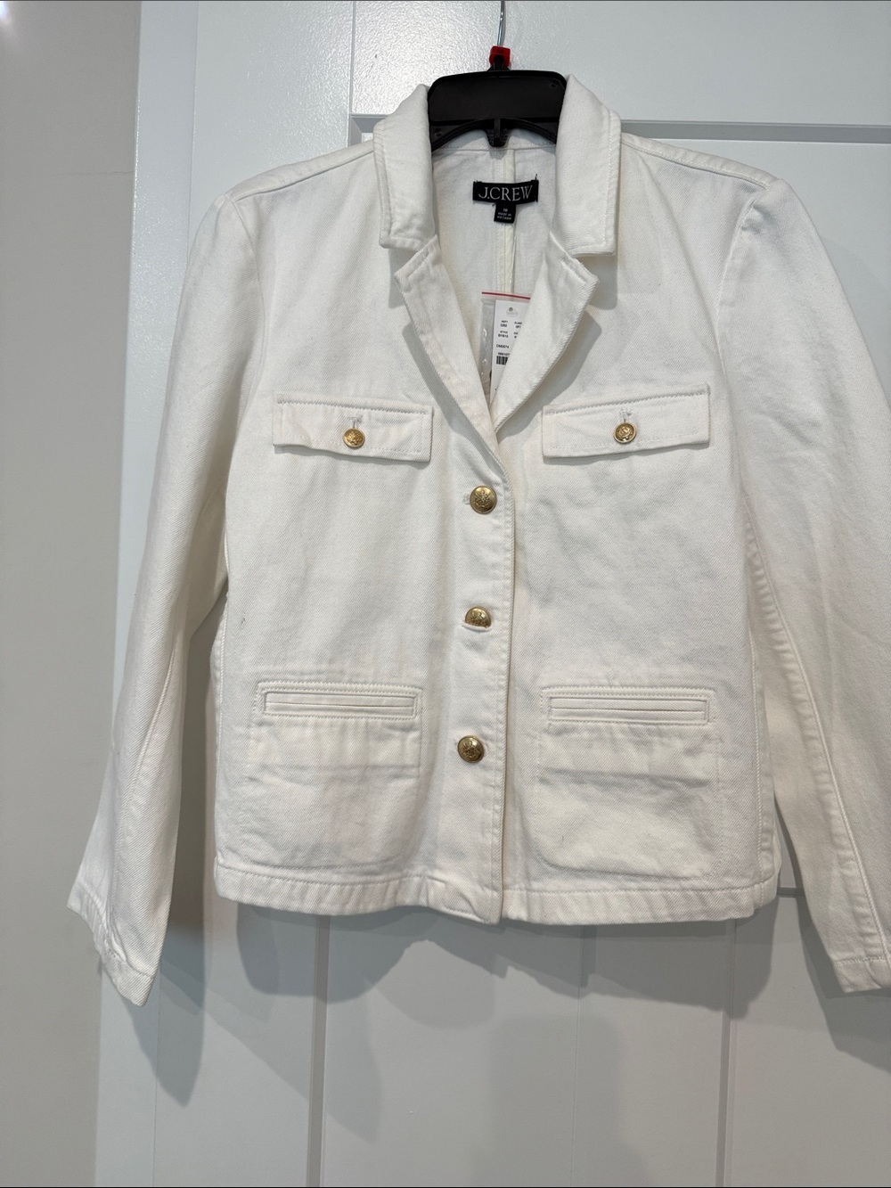 J. Crew White Button-Front denim jacket with Gold Buttons